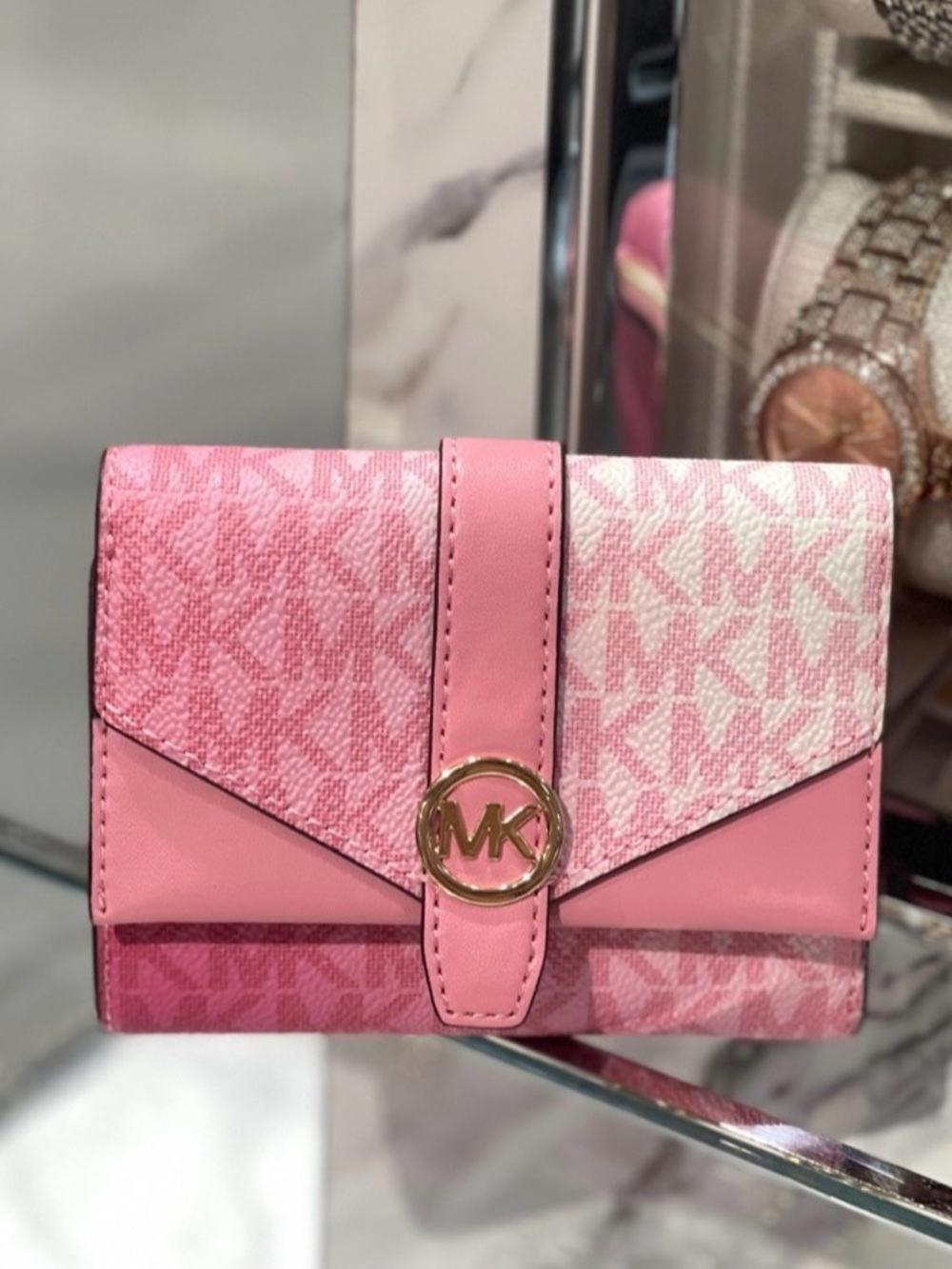 MICHAEL KORS Greenwich Medium Signature Logo Trifold Wallet carnation